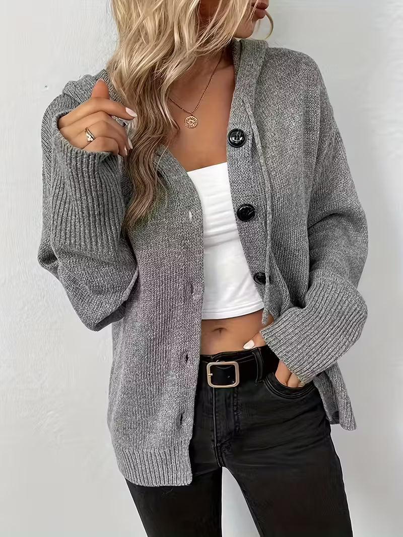 Karalina - Button Front Hooded Cable Knit Cardigan