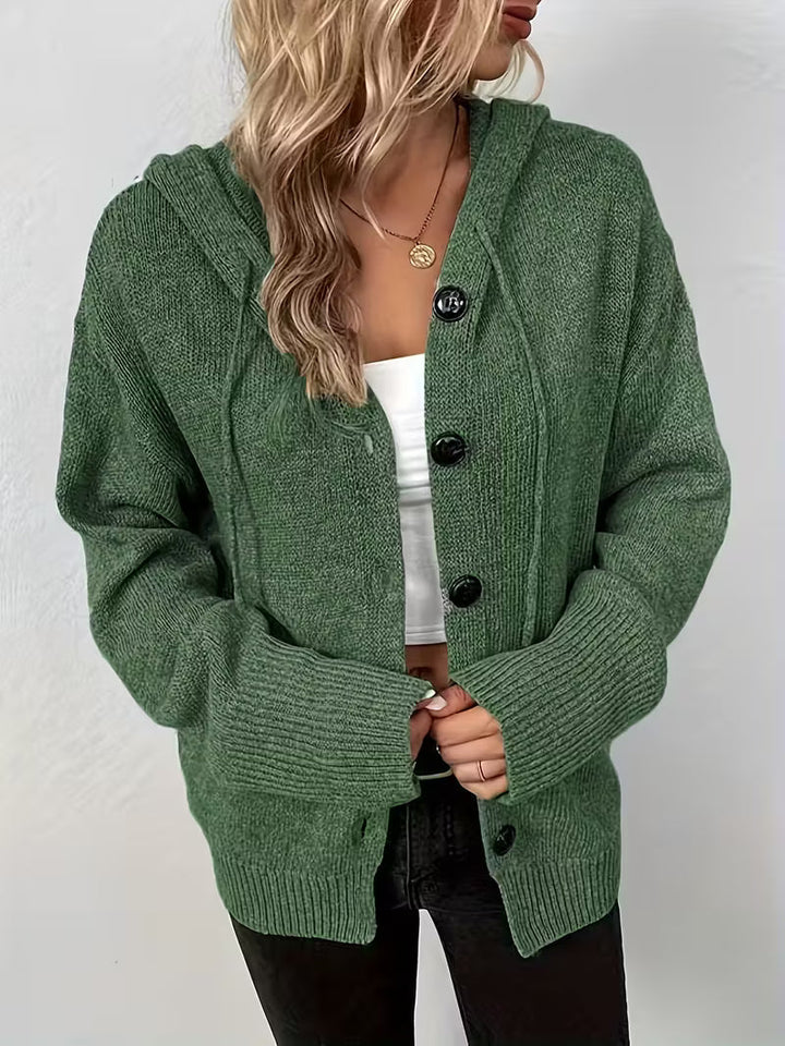 Karalina - Button Front Hooded Cable Knit Cardigan